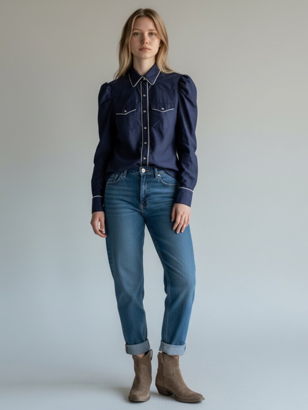 Greyson Navy Jacquard puff sleeve western shirt women’s size L